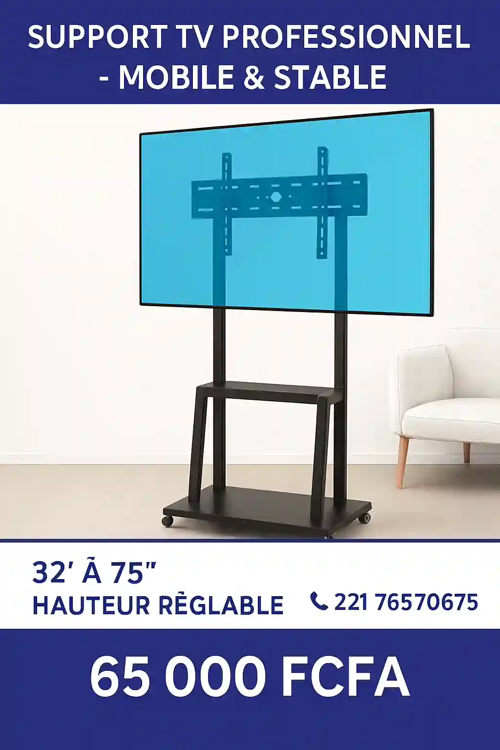 Support Tv Sur Pieds Avec Roulettes Mobile, 32" À 75"